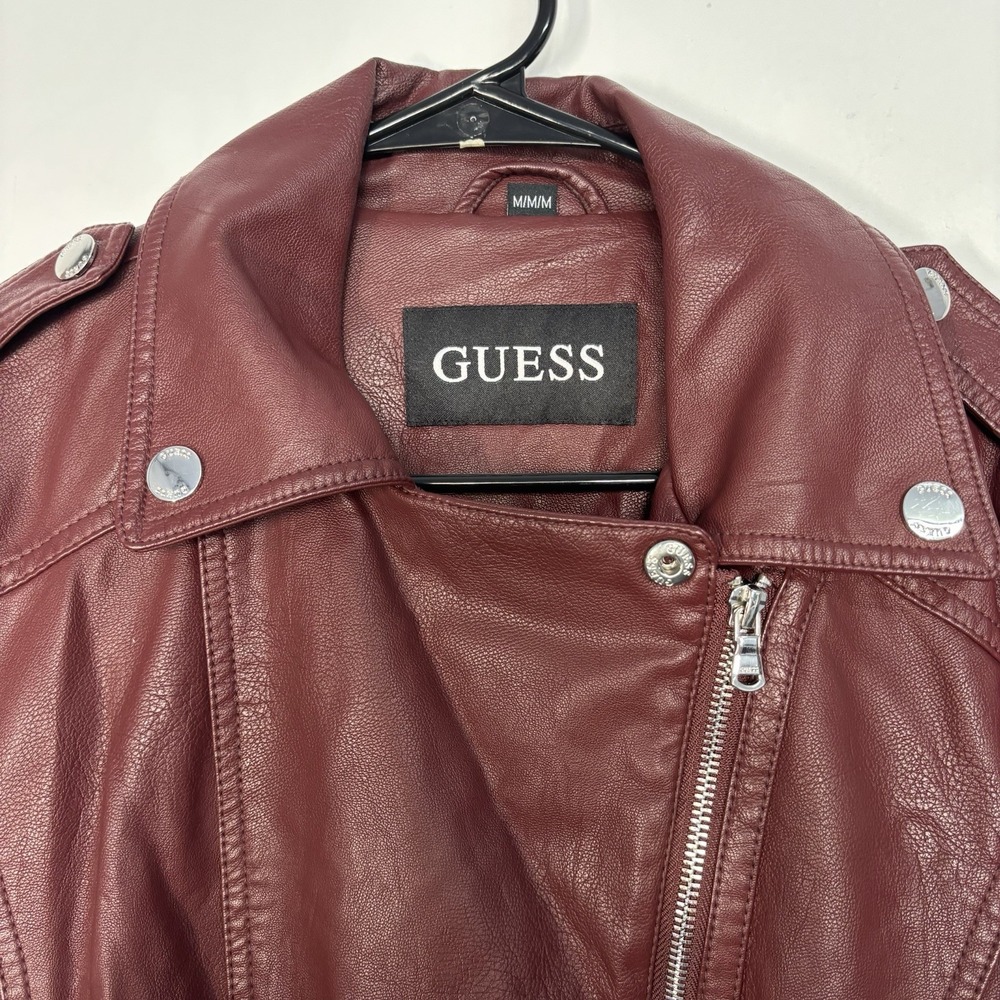 Guess Band Collar Faux Leather Jacket Maroon Moto Biker Full Zip Women's Small